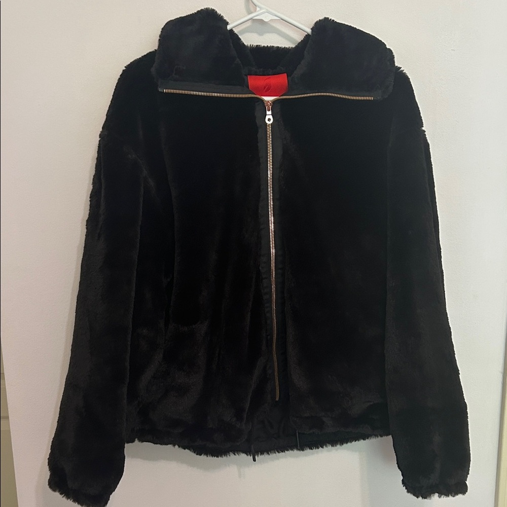 Black Faux Fur Bomber Jacket Rose Gold Zip Up NEW Ivy Blossom Large